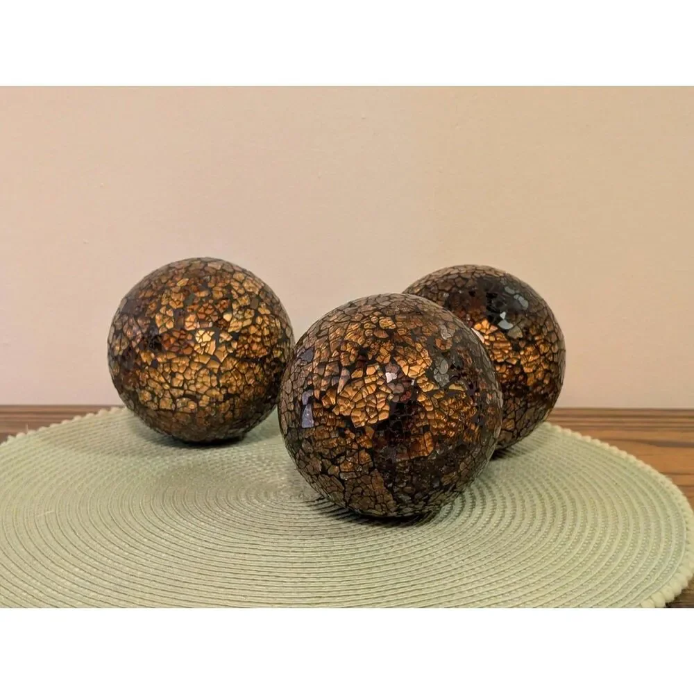 3-Piece Mosaic Glass Decorative Spheres - Amber Bronze Crackle Glass Orbs